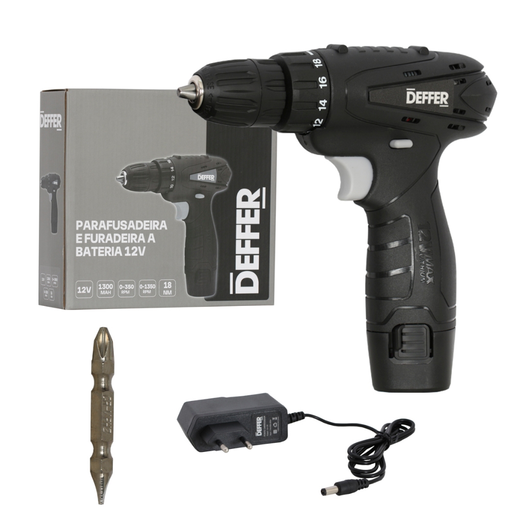 Parafusadeira e Furadeira a Bateria 12v C Luz de Led e Bits Deffer