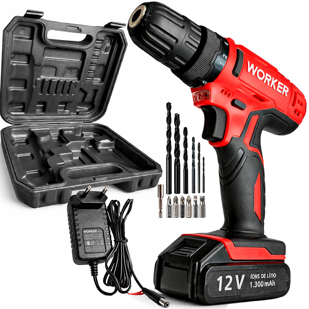 Parafusadeira Furadeira a Bateria 12V Bivolt Com Maleta e 13
