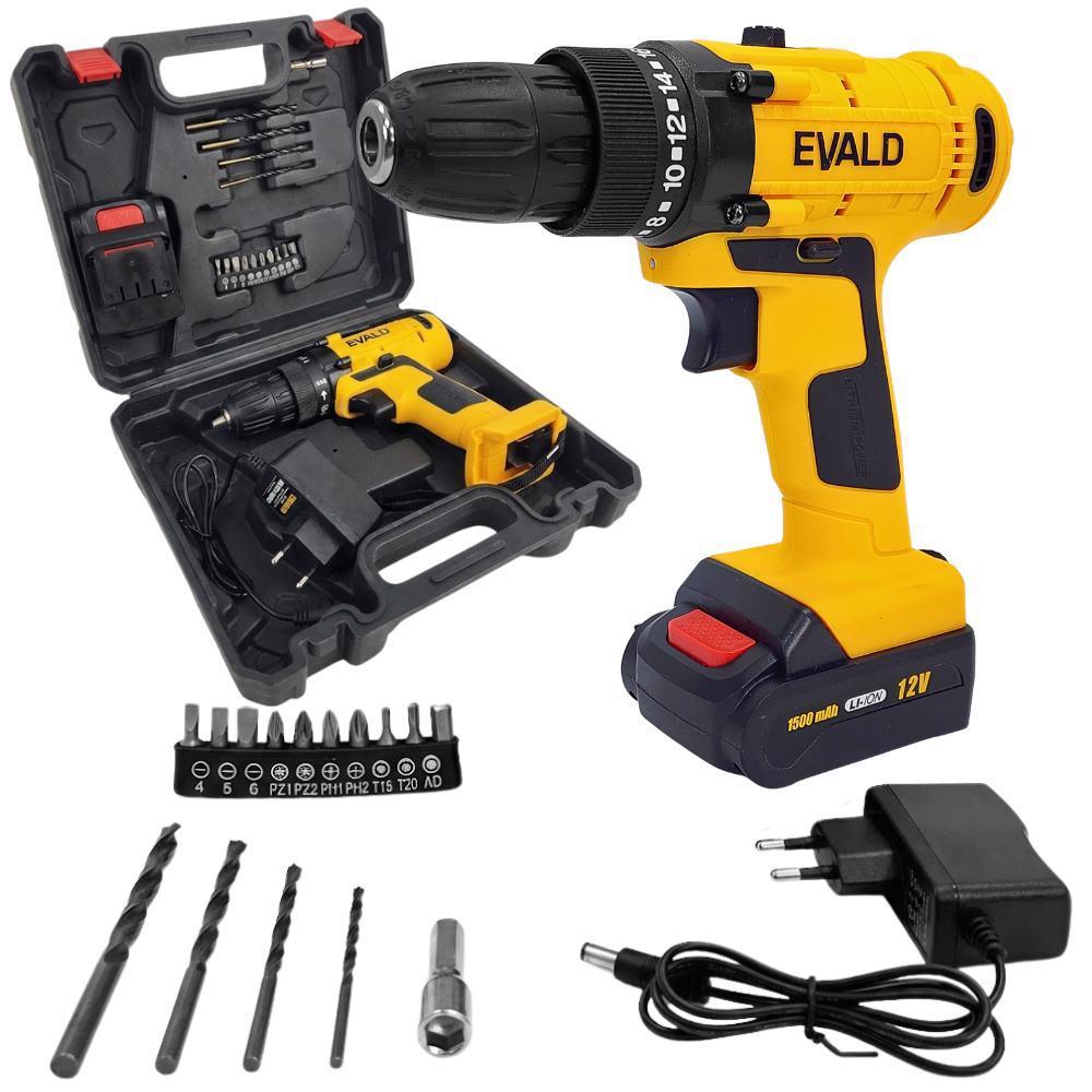 Parafusadeira Furadeira Bateria 12V com Maleta e Kit Bivolt Evald — Ferramentas Elétricas