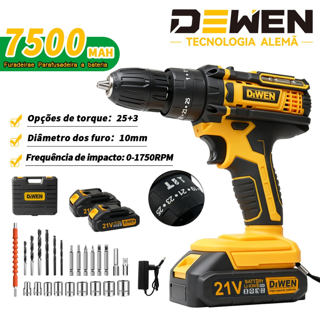 Parafusadeira Furadeira de Elétrica Sem Fio Impacto DeWEN 2 Bateria 3