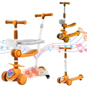 Patinete Infantil 3 em 1 Com Cesto Luzes Som Empurrador Amarelo