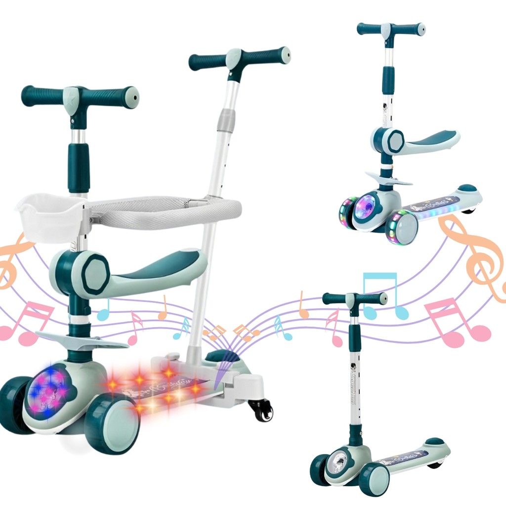 Patinete Infantil 3 em 1 Com Cesto Luzes Som Empurrador Azul Importway — Brinquedos