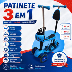 Patinete Infantil 3 Rodas 3 em 1 Importway Azul Com Assento e