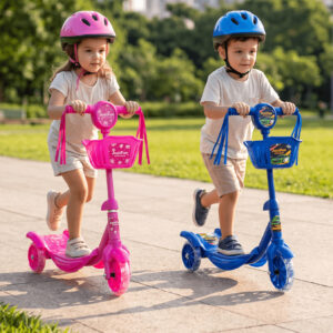Patinete Infantil 3 Rodas Cesto Musical Guidão Giratório Luz de LED