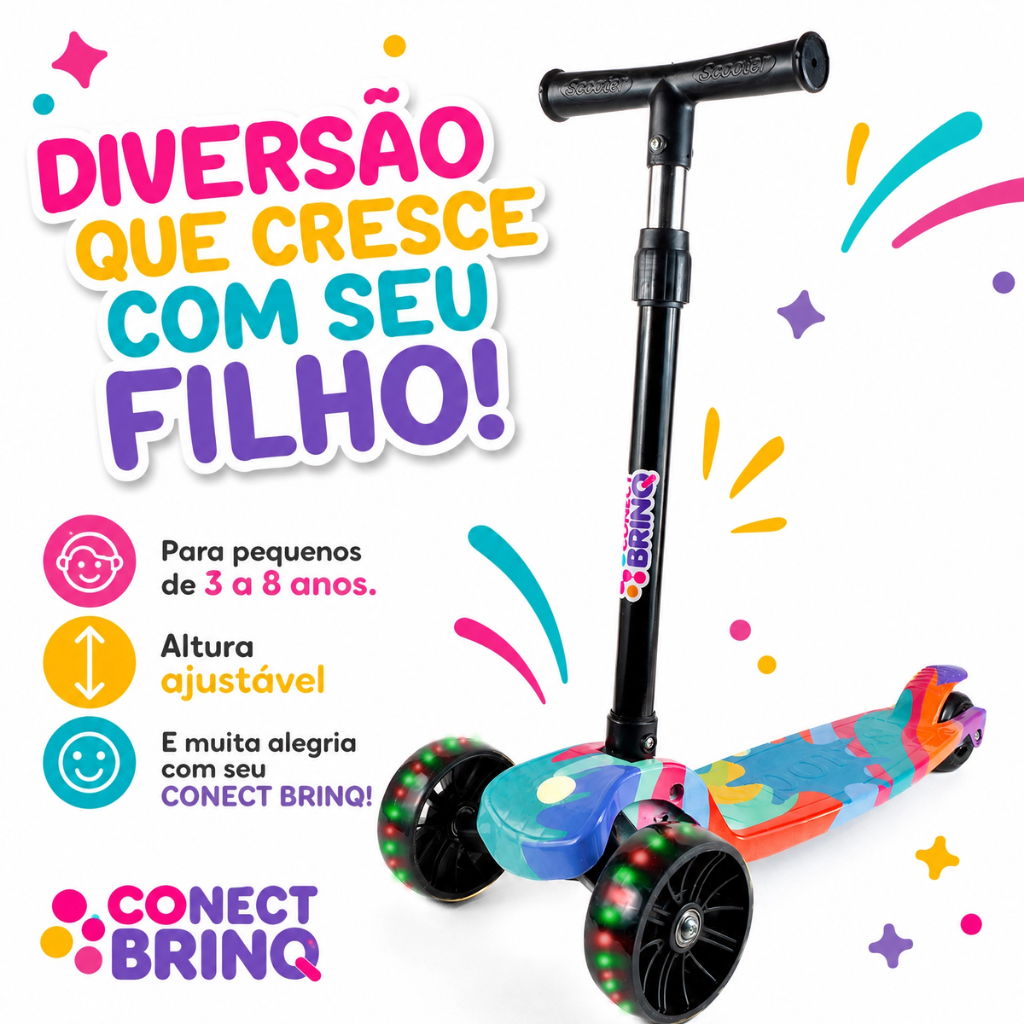 Patinete Infantil 3 Rodas com Luz LED, Dobrável e Seguro, Scooter — Brinquedos