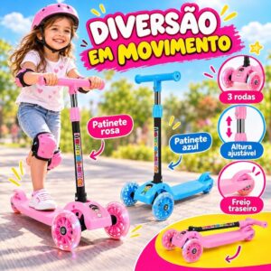 Patinete Infantil 3 Rodinhas com Luz Led Ajustável Scooter Menino