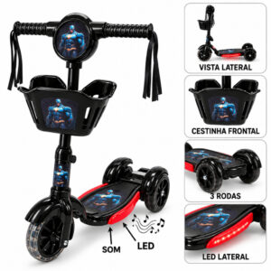 Patinete Infantil Batman Preto 3 Rodas e Freio Com Luz LED Som