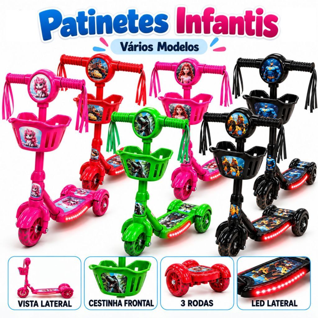 Patinete Infantil Batman Princesa Carros Dinossauro Unicórnio