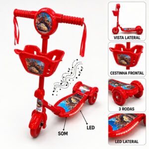 Patinete Infantil Carros Vermelho 3 Rodas e Freio Com Luz LED Som