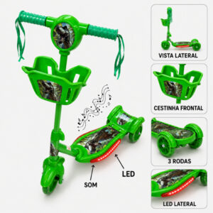 Patinete Infantil Dinossauro Verde 3 Rodas e Freio Com Luz LED Som