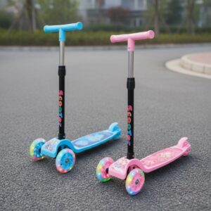 Patinete Infantil Dobrável 3 Rodinhas De Led Ajustável Azul e Rosa