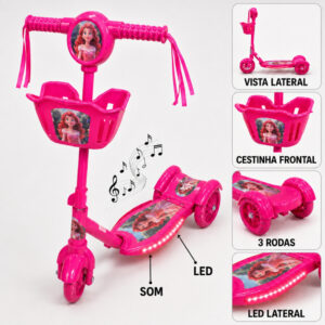 Patinete Infantil Princesa Rosa 3 Rodas e Freio Com Luz LED Som