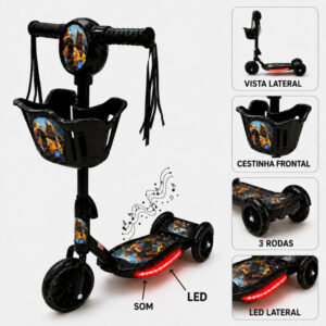 Patinete Infantil Transformers Preto 3 Rodas e Freio Com Luz LED Som