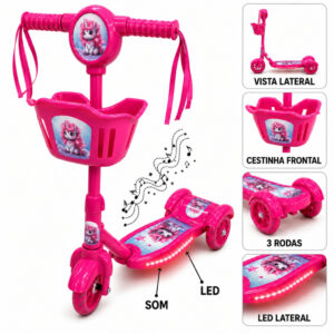 Patinete Infantil Unicórnio Rosa 3 Rodas e Freio Com Luz LED Som