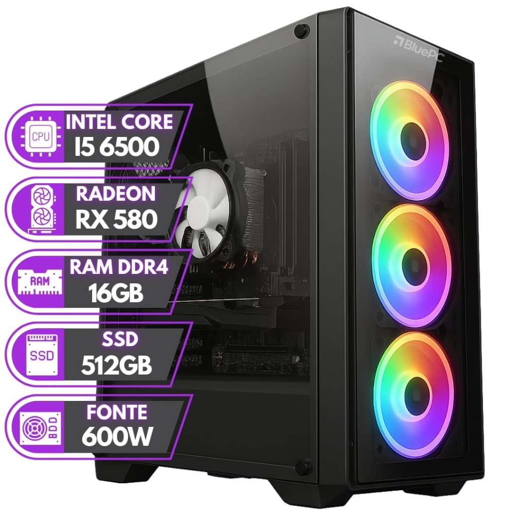PC Gamer BluePC Rush Intel Core i5 6500 16GB DDR4 Radeon RX 580 8GB — Informática