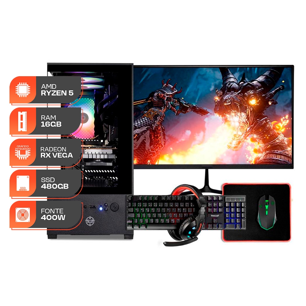 PC Gamer Forge, Amd Ryzen 5 3400G, 16GB DDR4, SSD 480GB, 400W 80