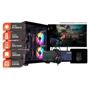 PC Gamer Forge, Amd Ryzen 5 5500, RX 580 8GB, 16GB DDR4, SSD 480GB