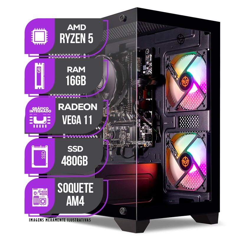 PC Gamer Mancer, Amd Ryzen 5, RX Vega 11, 16GB DDR4, SSD 480GB, Fonte