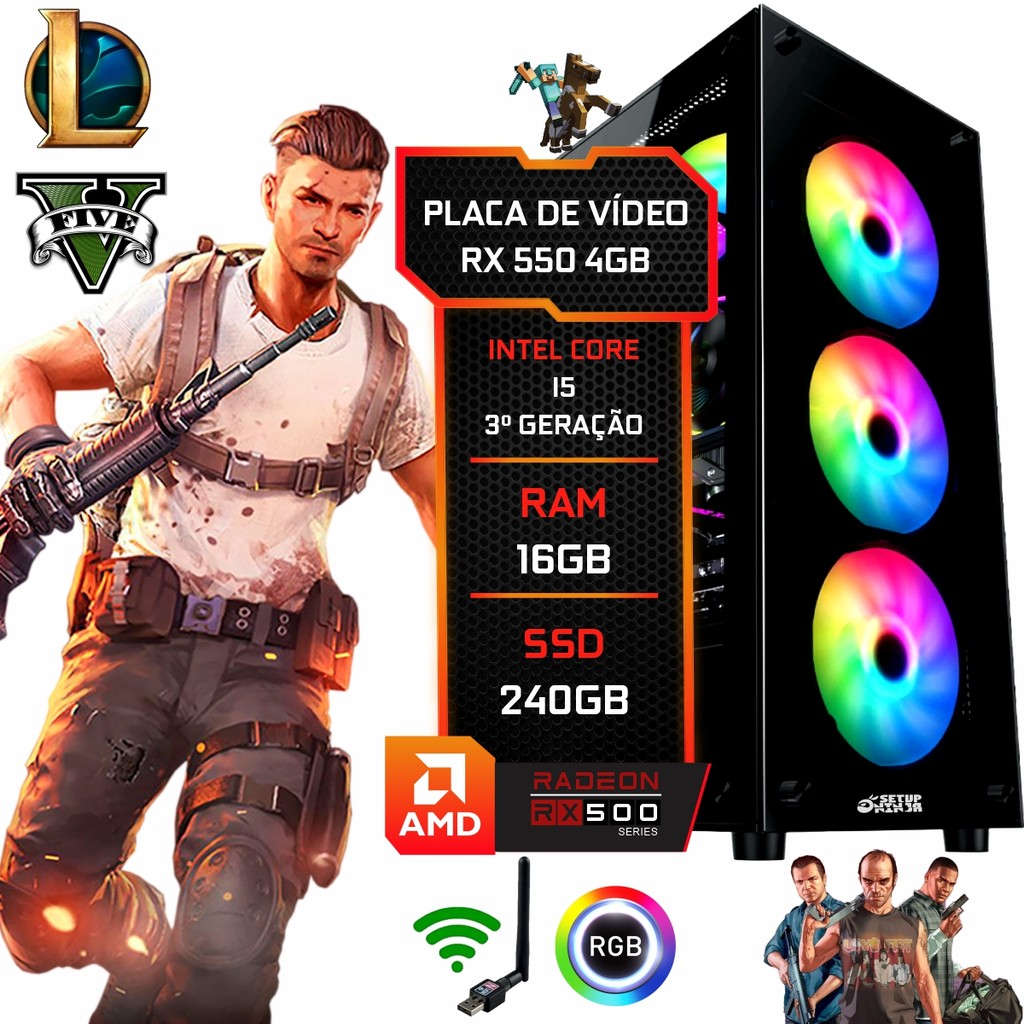 PC Gamer Setup Ninja RX 550 4GB, Intel I5, 16GB RAM, SSD 240GB, Fonte — Informática