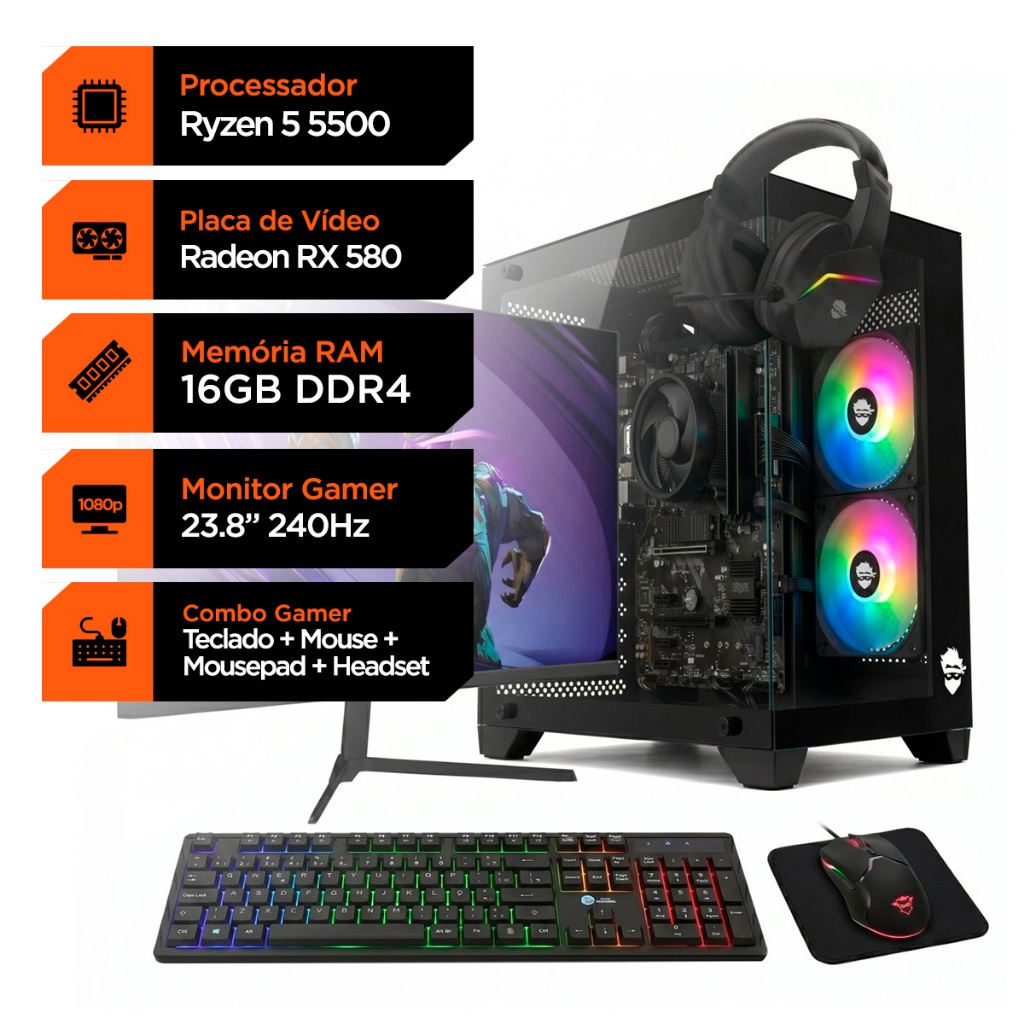 PC Gamer Soldier, Ryzen 5 5500, RX 580 8GB, 16GB DDR4, SSD 240GB — Informática