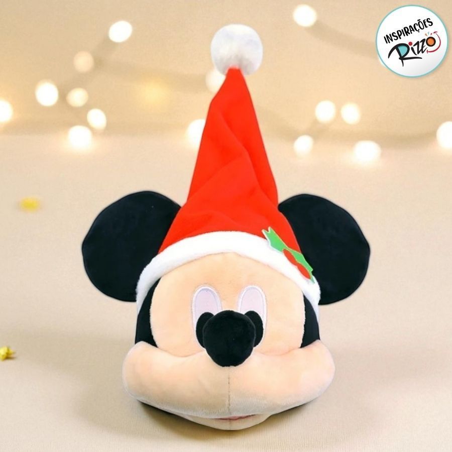 Pelúcia Cabeça Mickey c Gorro de Natal 15 cm 1 unidade