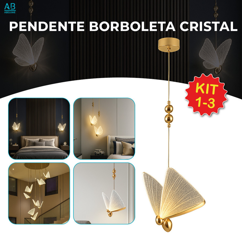 Pendente Luminária Dourada Borboleta Led 3 Cores de Luz Lâmpada de — Decoração