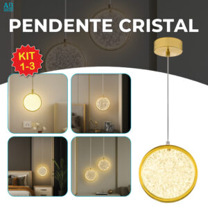 Pendente Luminária Redonda Dourada Cristal de Luxo LED 3 Tons de Luz
