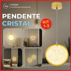 Pendente Luminária Redonda Dourada Cristal de Luxo LED 3 Tons de Luz