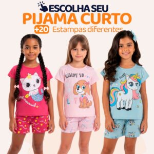 Pijama Infantil Menina Manga Curta com Estampas Fofas e Conforto