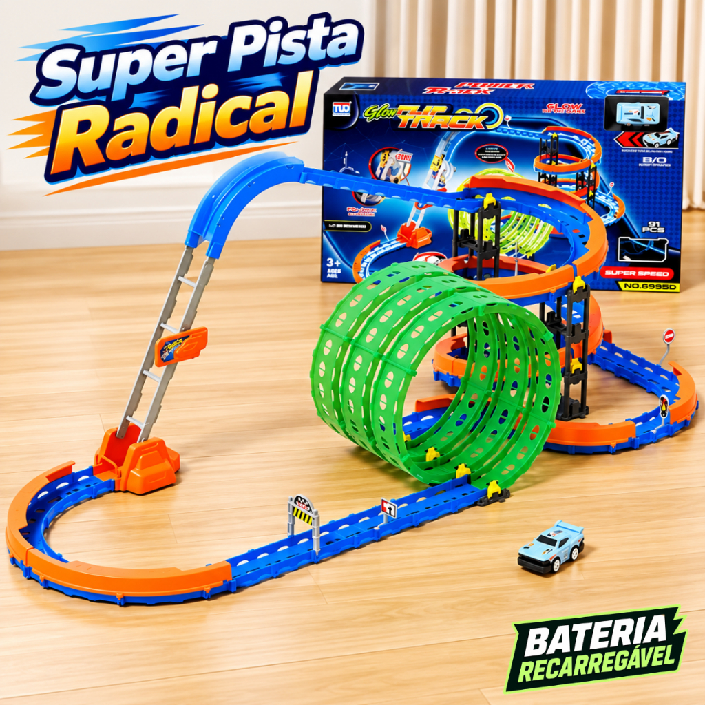 Pista de Carrinho Infantil 91 Peças Loop 360° Brilha No Escuro Torre