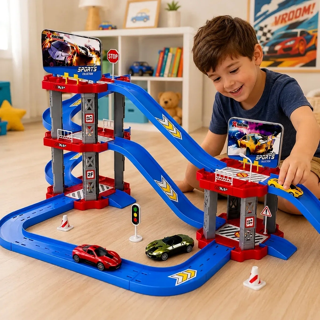 Pista De Carrinhos Infantil Com 2 Carrinhos Inclusos Rampa Em Espiral — Brinquedos