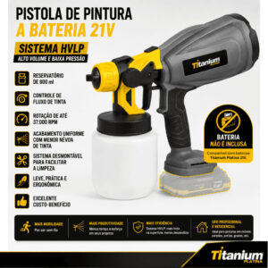 Pistola de Pintura a Bateria 21V Hvlp 800ml Titanium Platina Sem