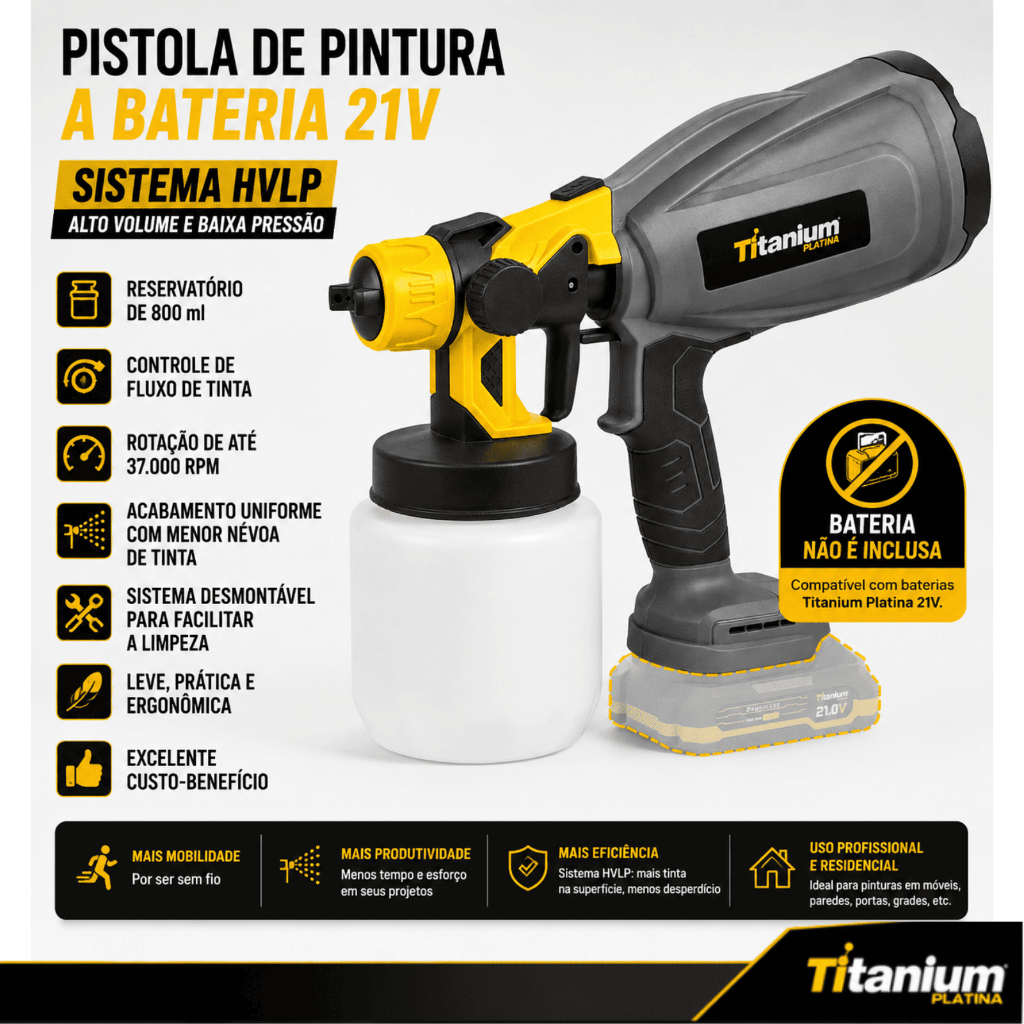 Pistola de Pintura a Bateria 21V Hvlp 800ml Titanium Platina Sem