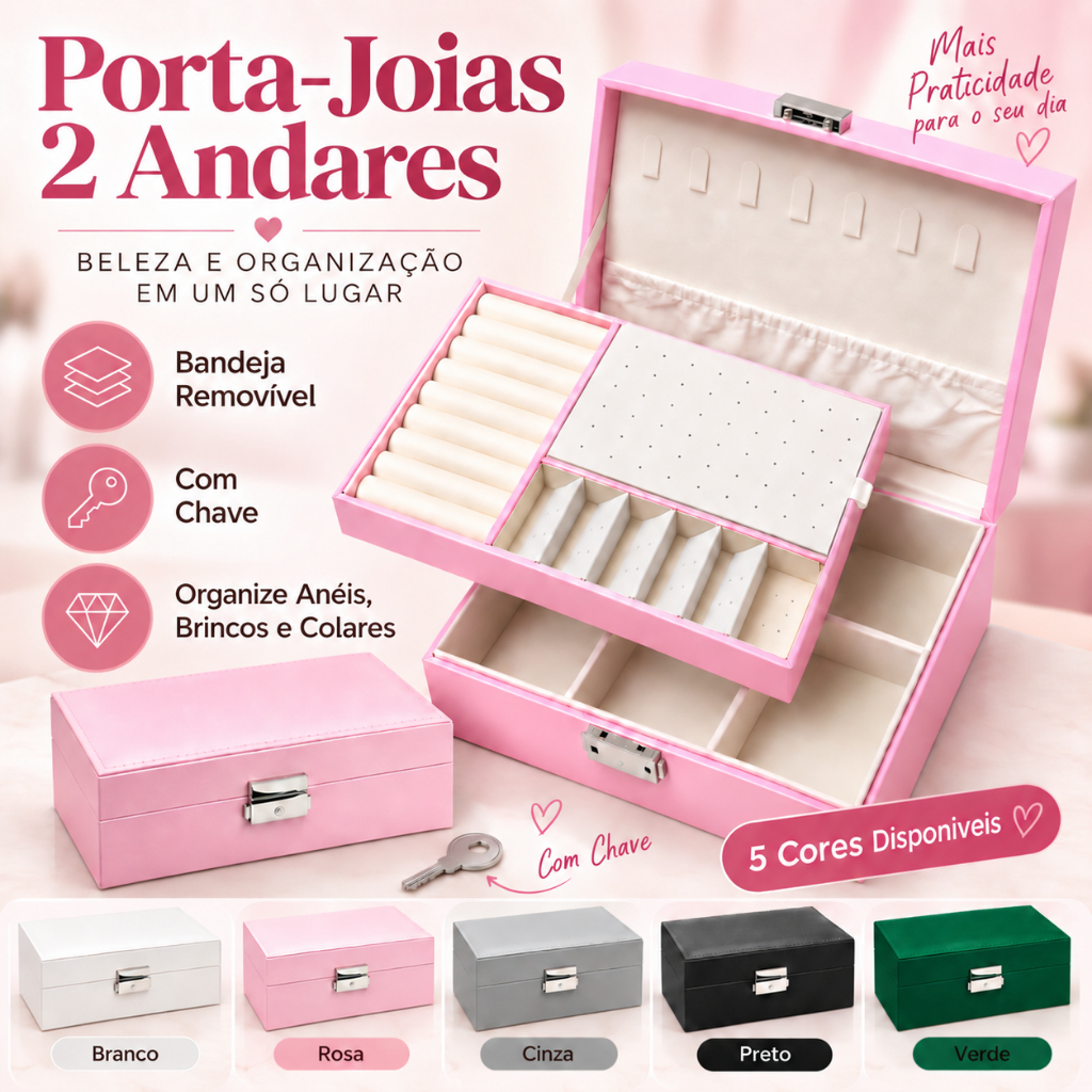 Porta Joias 2 Andares com Chave Caixa Organizadora Bijuterias Anéis