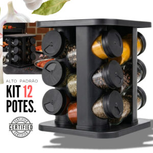 Porta Tempero Condimento Girátorio 12 Potes Cozinha Premium Preto 360