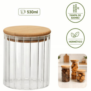 Pote Hermético 530ml com Tampa de Bambu e Vidro Canelado para