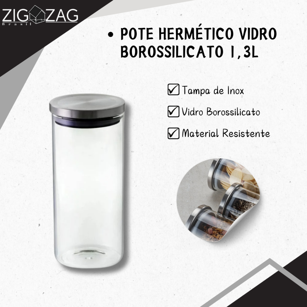 Pote Hermético de Vidro Borossilicato com Tampa de Inox 1,3L