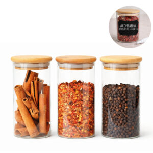 Pote Hermético Vidro 300ml Kit 3 Unidades Tampa Bambu Vedação Cozinha