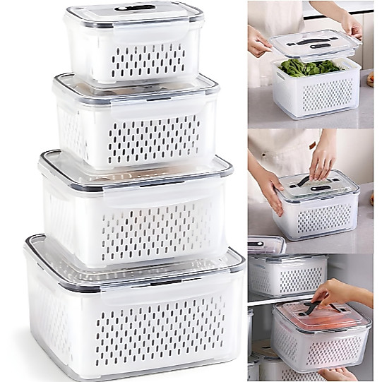 Potes Herméticos Kit 4 Organizador de Geladeira com Trava e Cesto