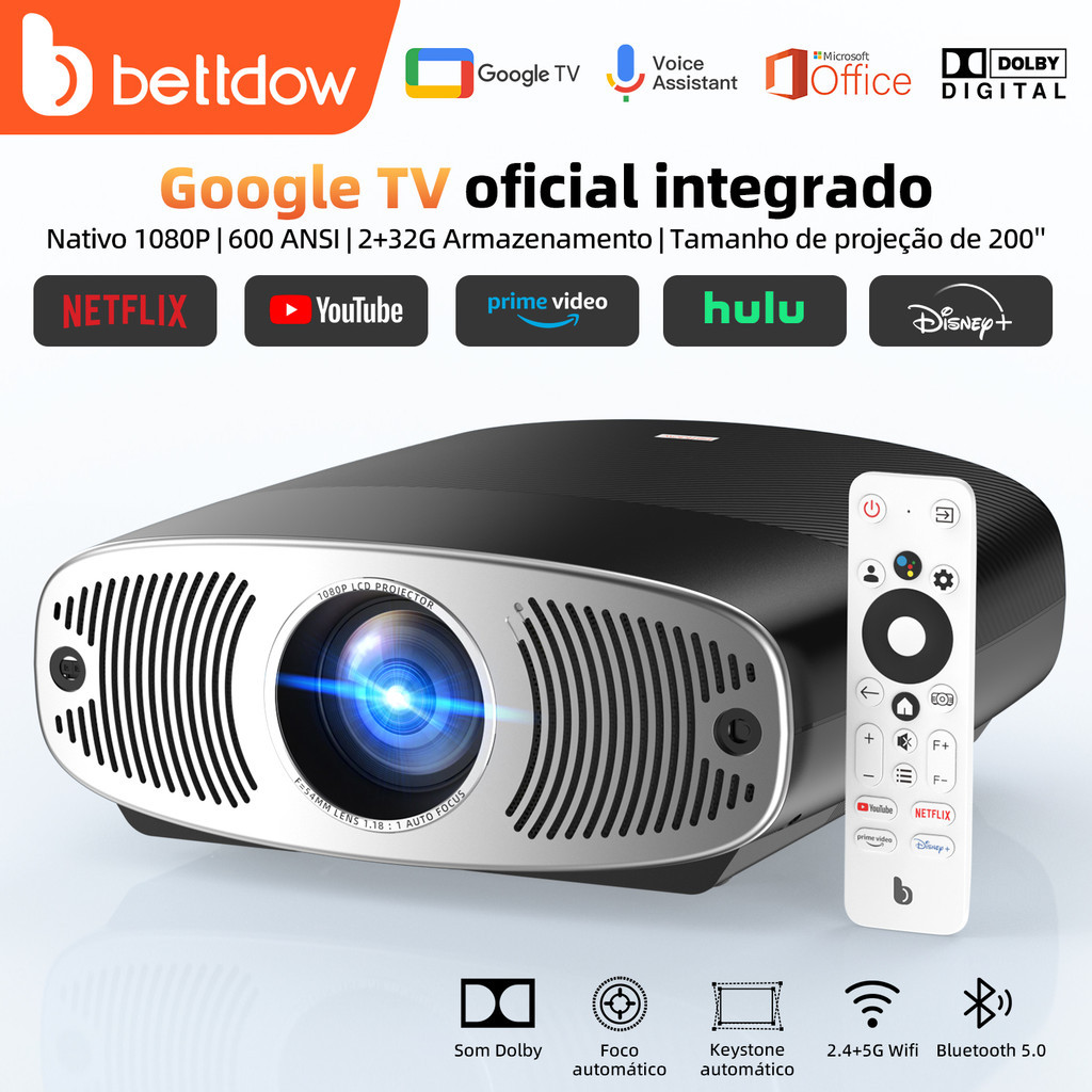 Projetor Bettdow 4K 25000 lúmens Full HD 1080p compatível com Android — TV e Vídeo