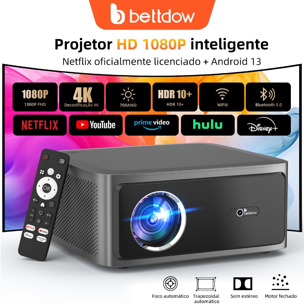Projetor Netflix Bettdow 1080P 4K Full HD 700ANSI com tela grande de