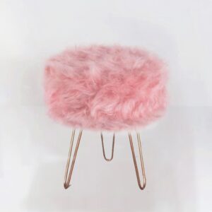 Puf Puffe Puff Redonda Pés de Ferro Rosê Gold Pelúcia Pelo Alto Rosa