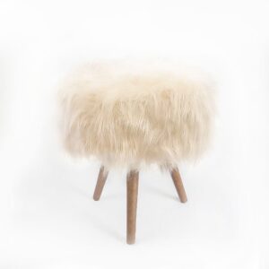 Puff Redondo Pelúcia Pelo Alto Marfim Bege Off White Pés De Madeira