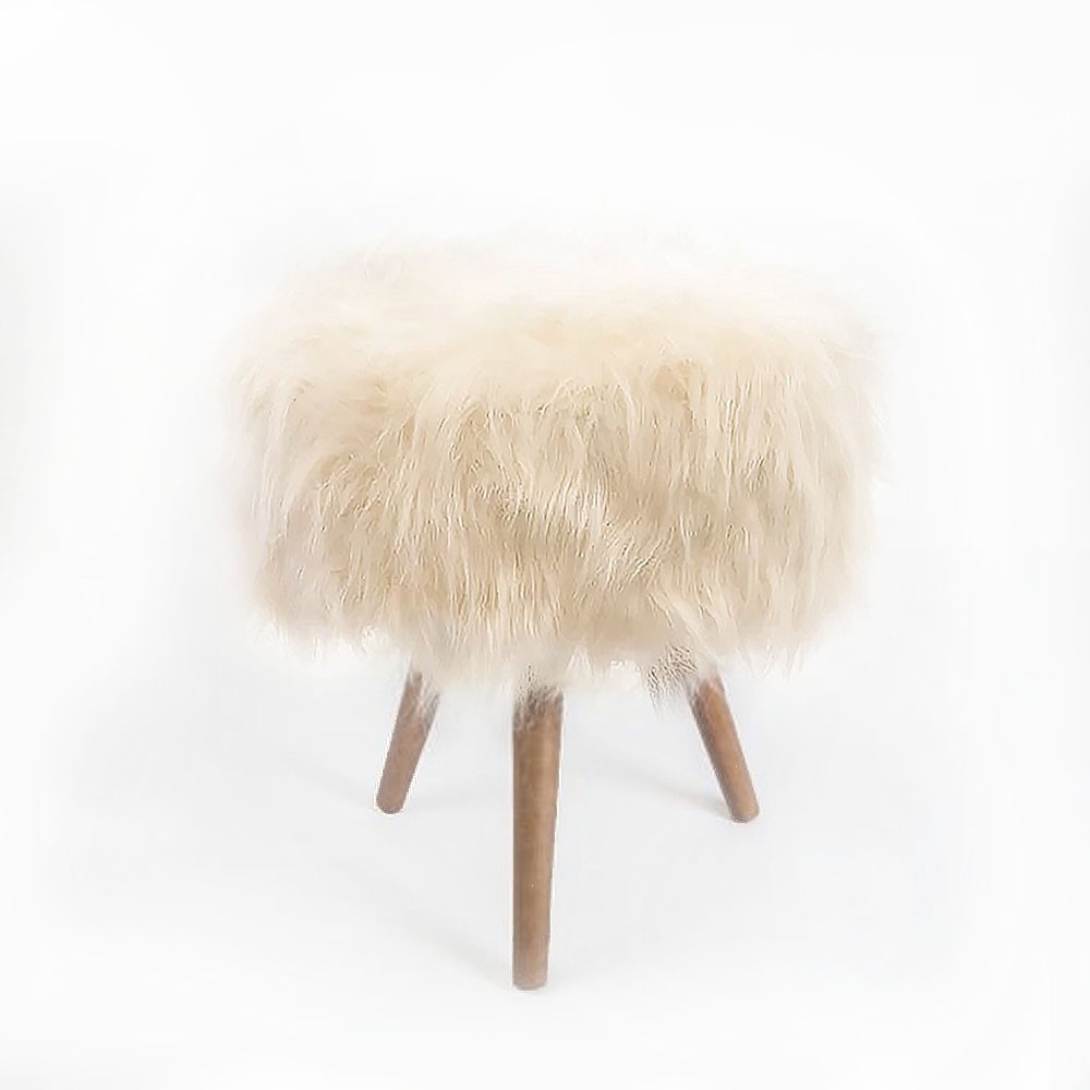 Puff Redondo Pelúcia Pelo Alto Marfim Bege Off White Pés De Madeira — Brinquedos