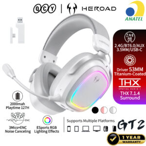 Qcy Headset Gamer Sem Fio Heroad GT2 RGB Bluetooth 6.0 2.4GHz Thx 7.1