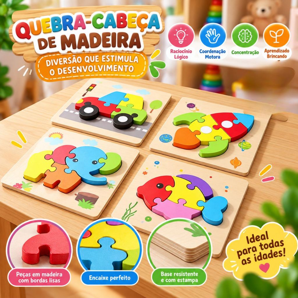 Quebra Cabeça Madeira Animais e Formas Personagens Brinquedo Infantil — Games e Brinquedos