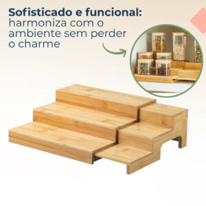 Rack Organizador Extensível De Bambu Escadinha 3 Níveis Suporte Porta