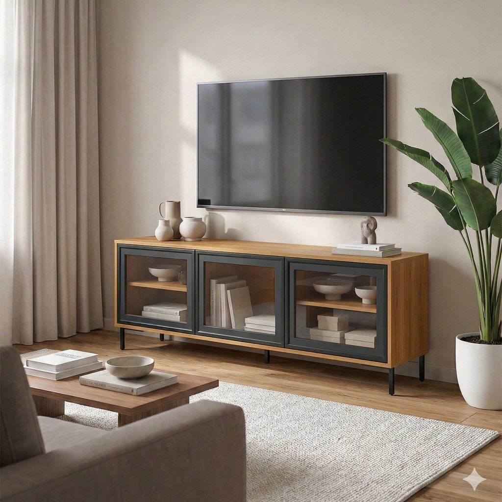 Rack para TV até 55 Polegadas 136cm 3 Portas de Vidro e 2 Prateleiras — Móveis