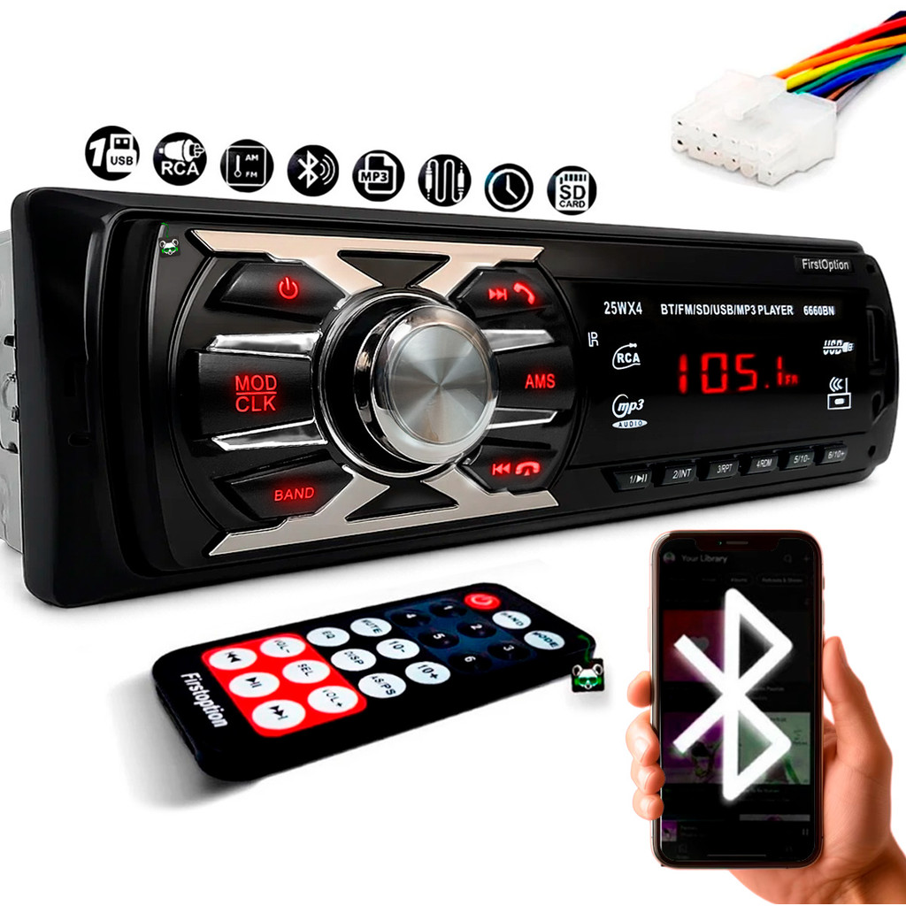 Rádio Som Automotivo MP3 c Bluetooth USB SD Aux Carro 6660BN