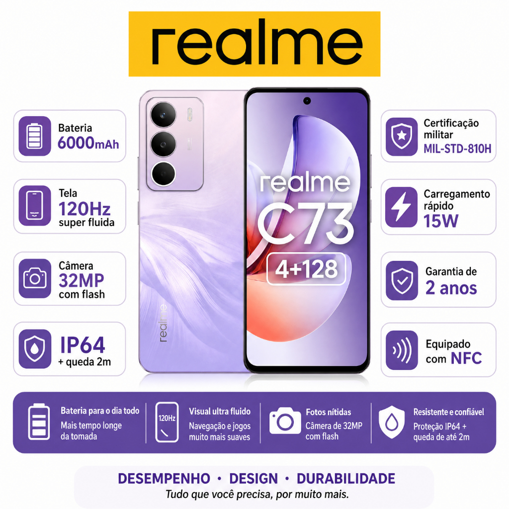 Realme C73 8+256GB Smartphone Celular Versão Global Bateria 6000mAh — Celulares e Acessórios